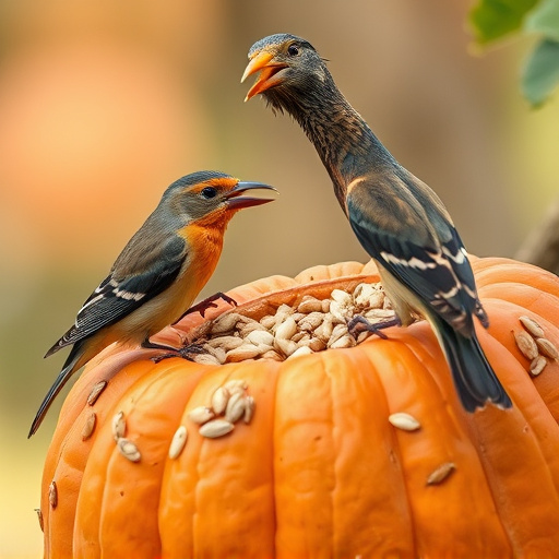 Wild birds eating pumpkin seeds