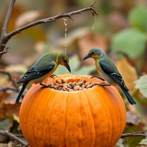 Wild birds eating pumpkin seeds