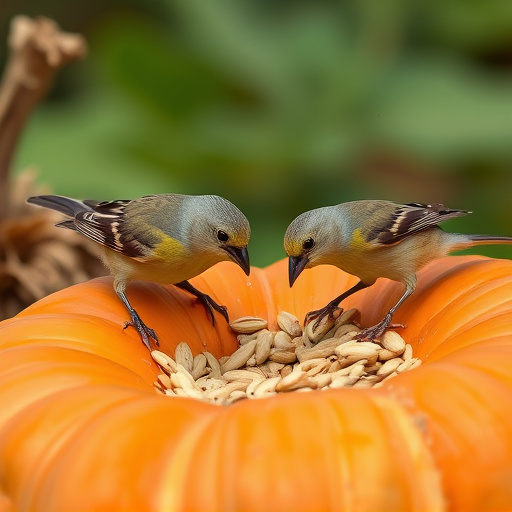 Wild birds eating pumpkin seeds