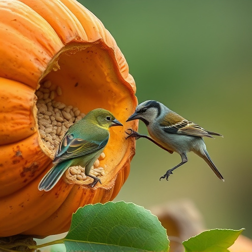Wild birds eating pumpkin seeds