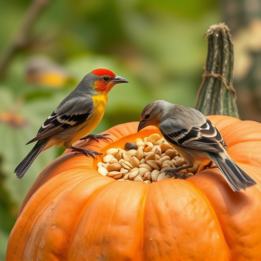 Wild birds eating pumpkin seeds