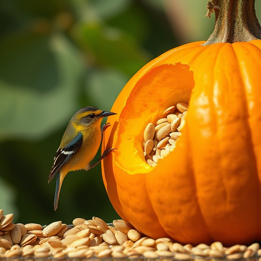 Wild birds eating pumpkin seeds