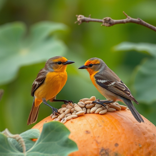 Wild birds eating pumpkin seeds
