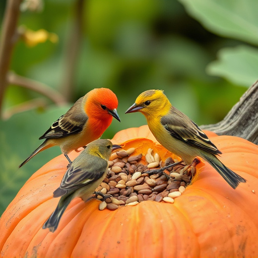 Wild birds eating pumpkin seeds