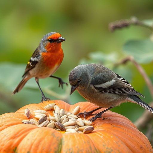 Wild birds eating pumpkin seeds