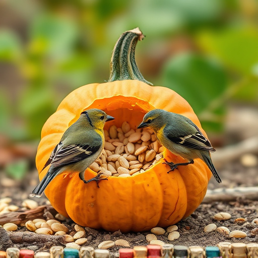 Wild birds eating pumpkin seeds