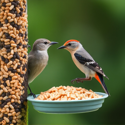 Wild birds eating suet pellets outdoors