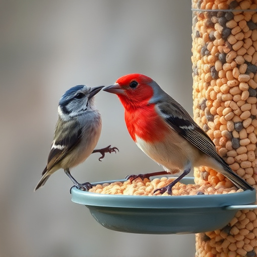 Wild birds eating suet pellets outdoors