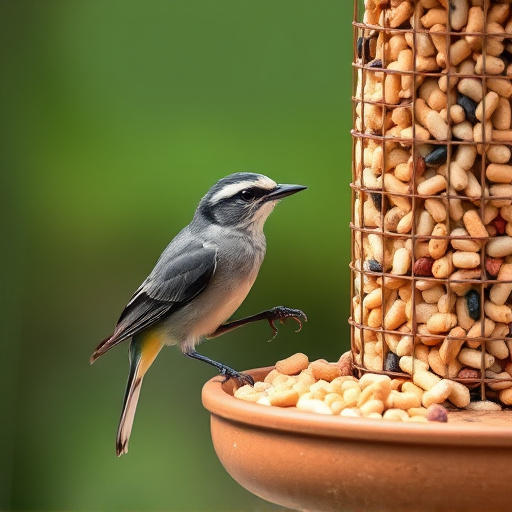 Wild birds eating suet pellets outdoors