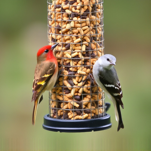 Wild birds eating suet pellets outdoors