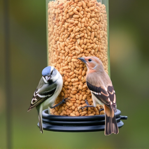 Wild birds eating suet pellets outdoors
