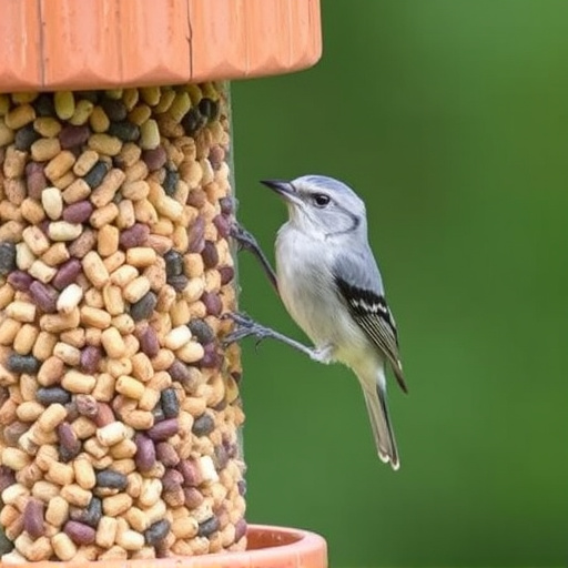 Wild birds eating suet pellets outdoors