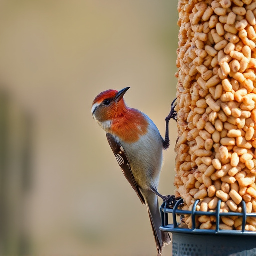 Wild birds eating suet pellets outdoors