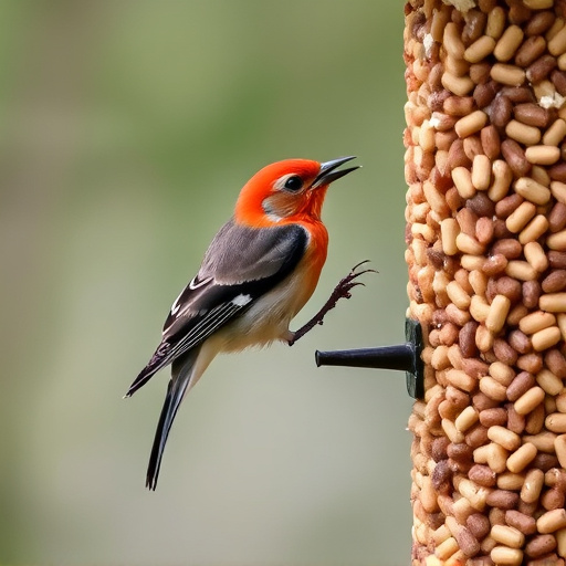 Wild birds eating suet pellets outdoors