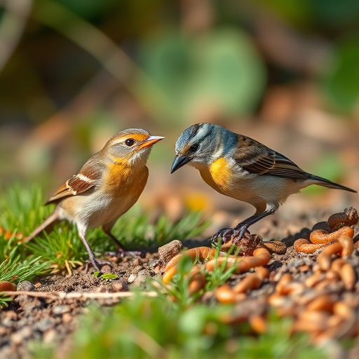 Wild birds enjoying mealworms outdoors