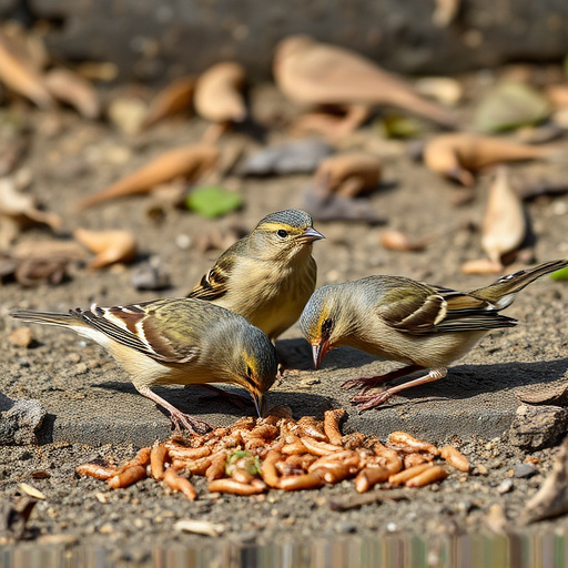 Wild birds enjoying mealworms outdoors
