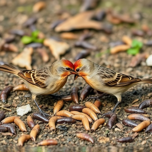 Wild birds enjoying mealworms outdoors