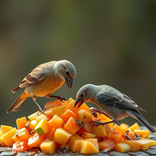 Wild birds feeding on chopped fruit