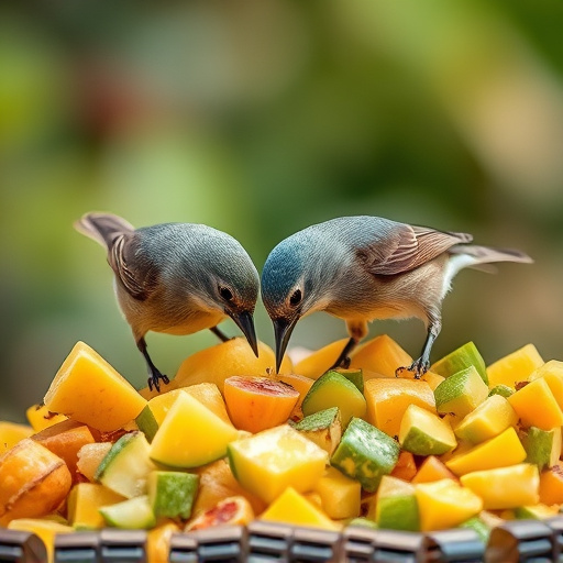 Wild birds feeding on chopped fruit