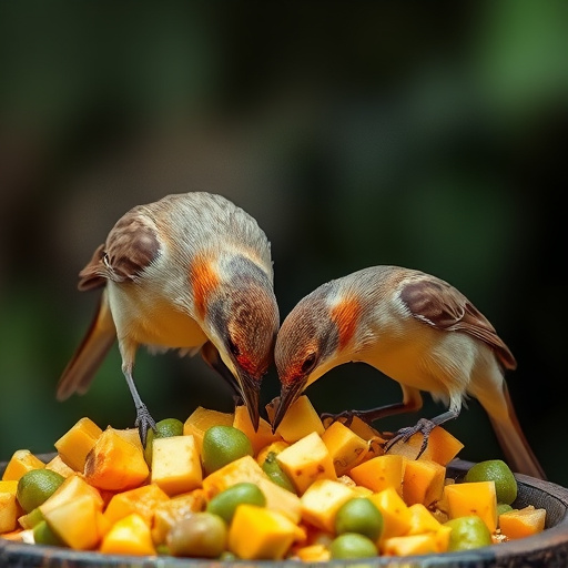 Wild birds feeding on chopped fruit
