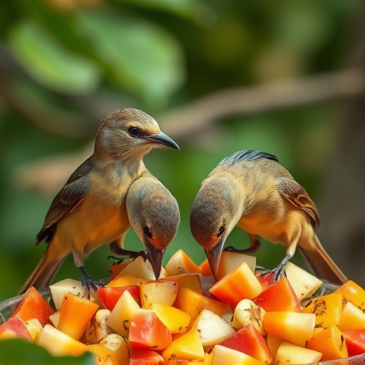 Wild birds feeding on chopped fruit