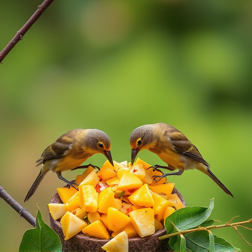 Wild birds feeding on chopped fruit