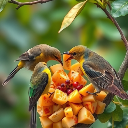 Wild birds feeding on chopped fruit
