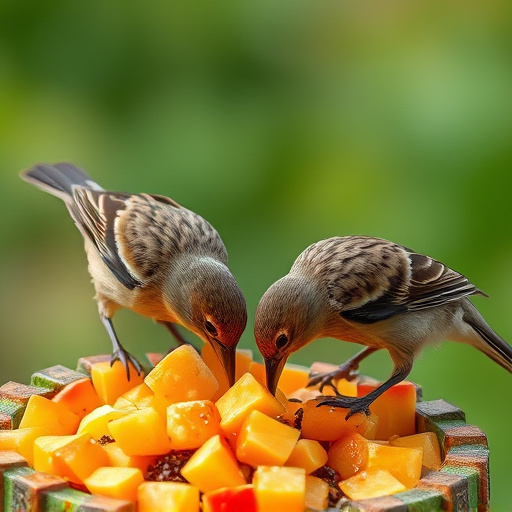 Wild birds feeding on chopped fruit