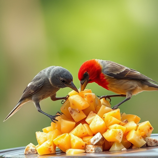 Wild birds feeding on chopped fruit