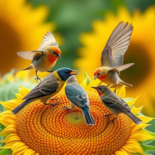 Wild birds feeding on sunflower seeds