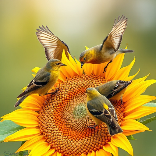 Wild birds feeding on sunflower seeds