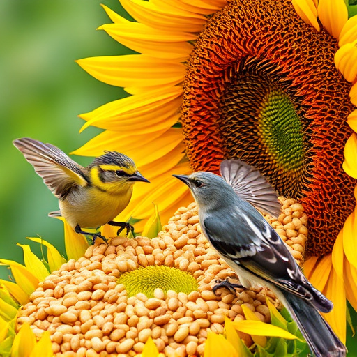 Wild birds feeding on sunflower seeds