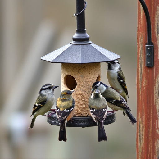 Wild birds gathered around small feeder
