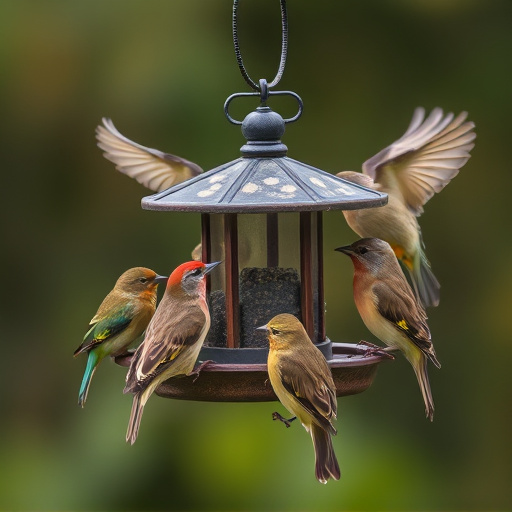 Wild birds gathered around small feeder