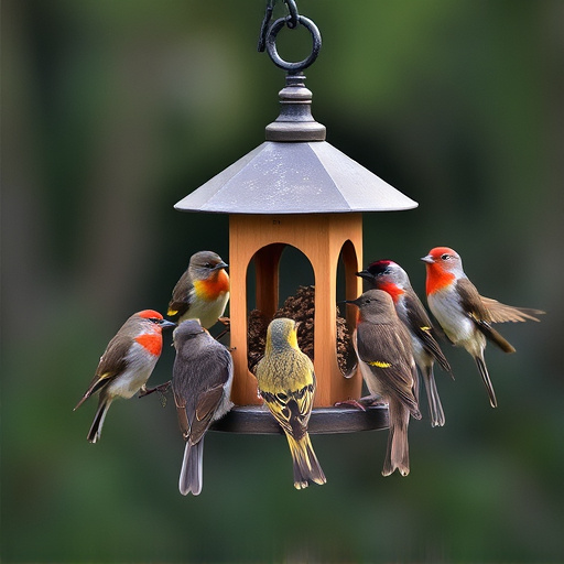 Wild birds gathered around small feeder