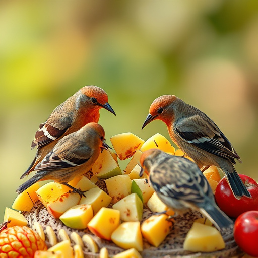 Wild birds pecking at chopped fruit