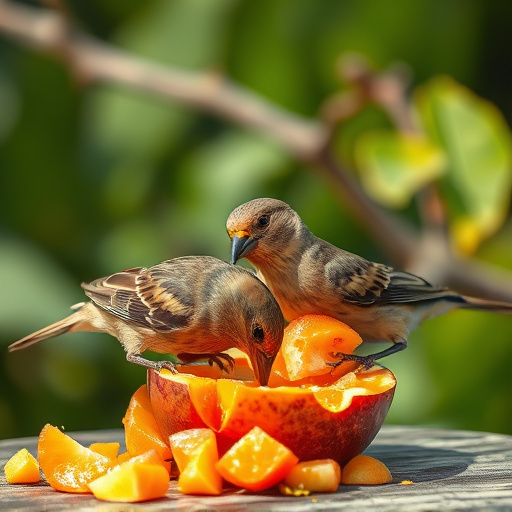 Wild birds pecking at chopped fruit