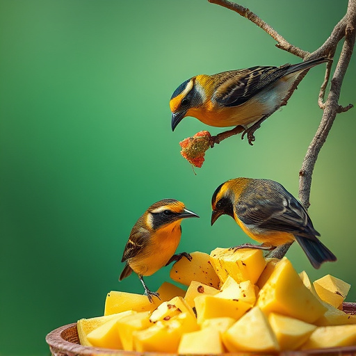 Wild birds pecking at chopped fruit