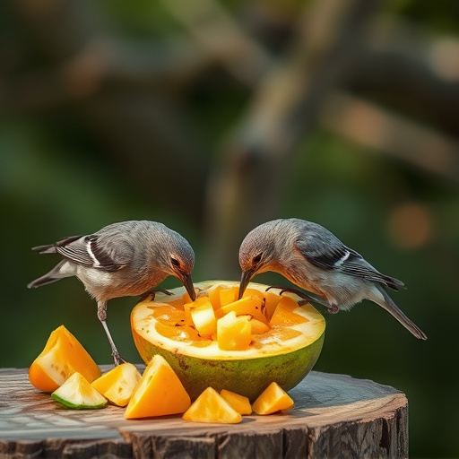 Wild birds pecking at chopped fruit