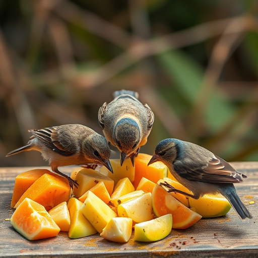 Wild birds pecking at chopped fruit