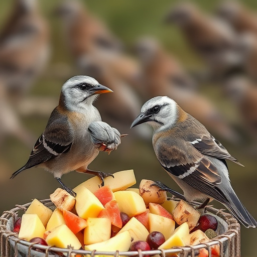 Wild birds pecking at chopped fruit