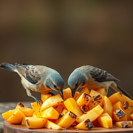 Wild birds pecking at chopped fruit