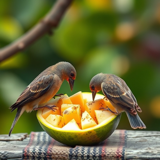 Wild birds pecking at chopped fruit