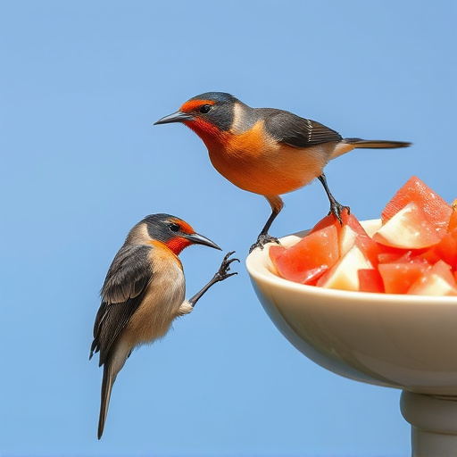 Wild birds pecking at chopped fruit