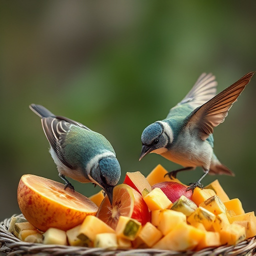 Wild birds pecking at chopped fruit