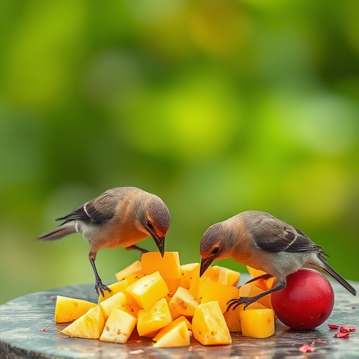 Wild birds pecking at chopped fruit