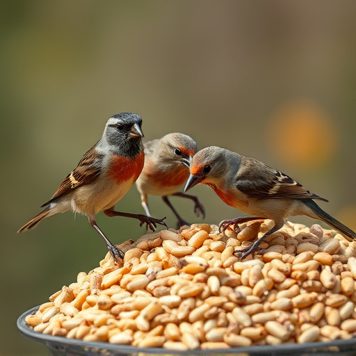 Wild birds pecking at fresh seeds