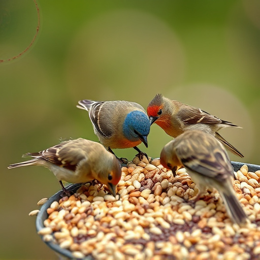 Wild birds pecking at fresh seeds