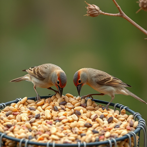 Wild birds pecking at fresh seeds