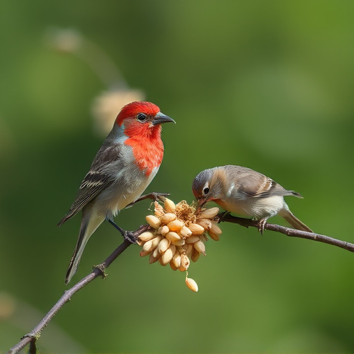 Wild birds pecking at fresh seeds